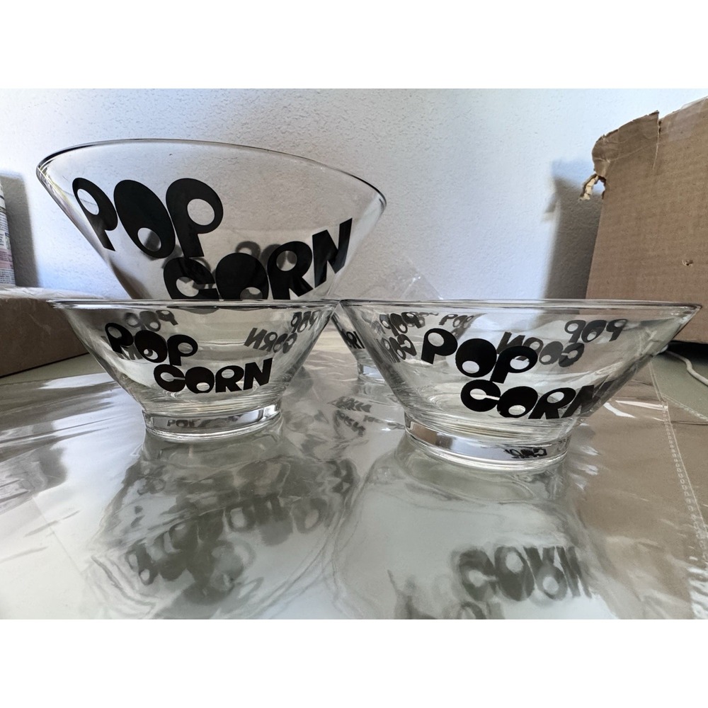 Vintage Mid Century Mod Graphic 1970's Wheaton Glass Popcorn Bowl Serving Set 3 - Picture 3 of 7
